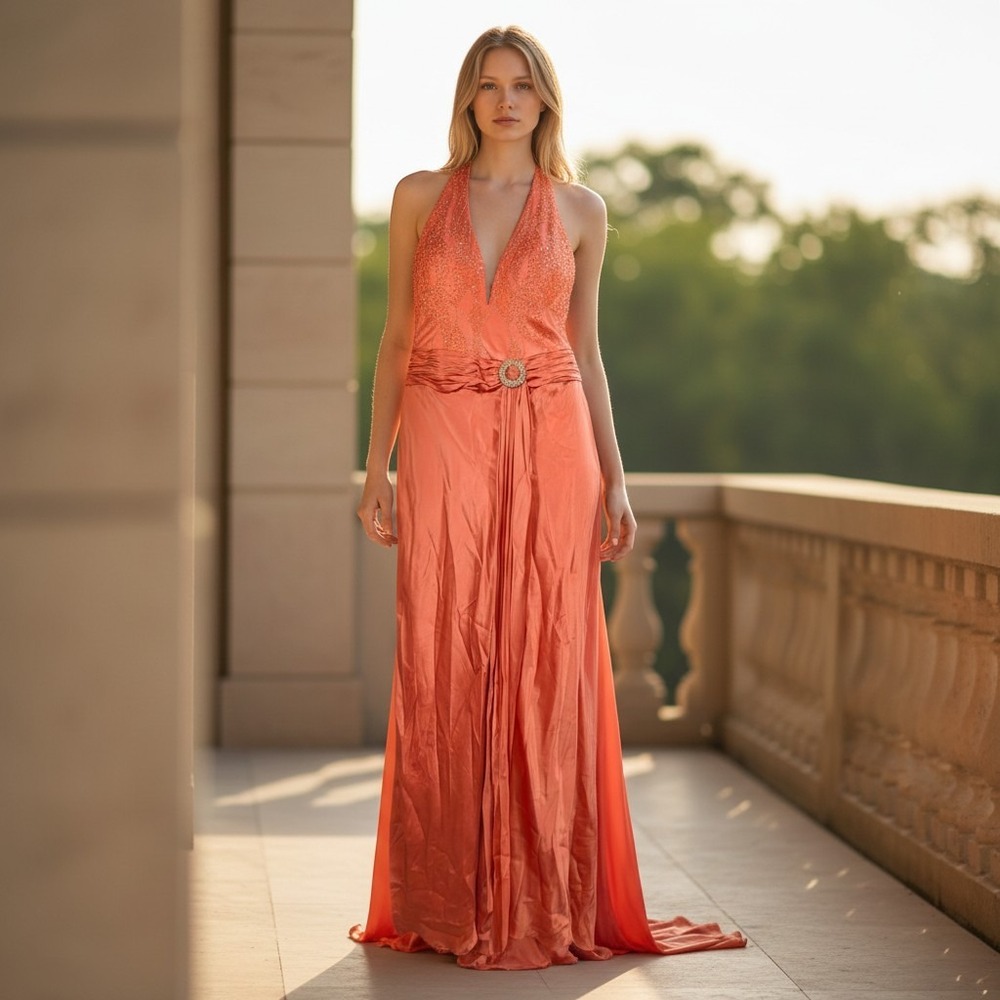 Jovani Silk Halter Evening Gown Womens 6 Papaya Orange Beaded Formal Dress 18071